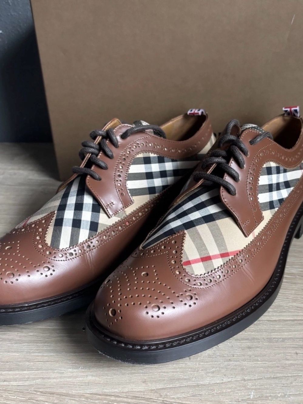Burberry Arndale Tan Archive Check Brogue Leather Derby Shoes Sz 43